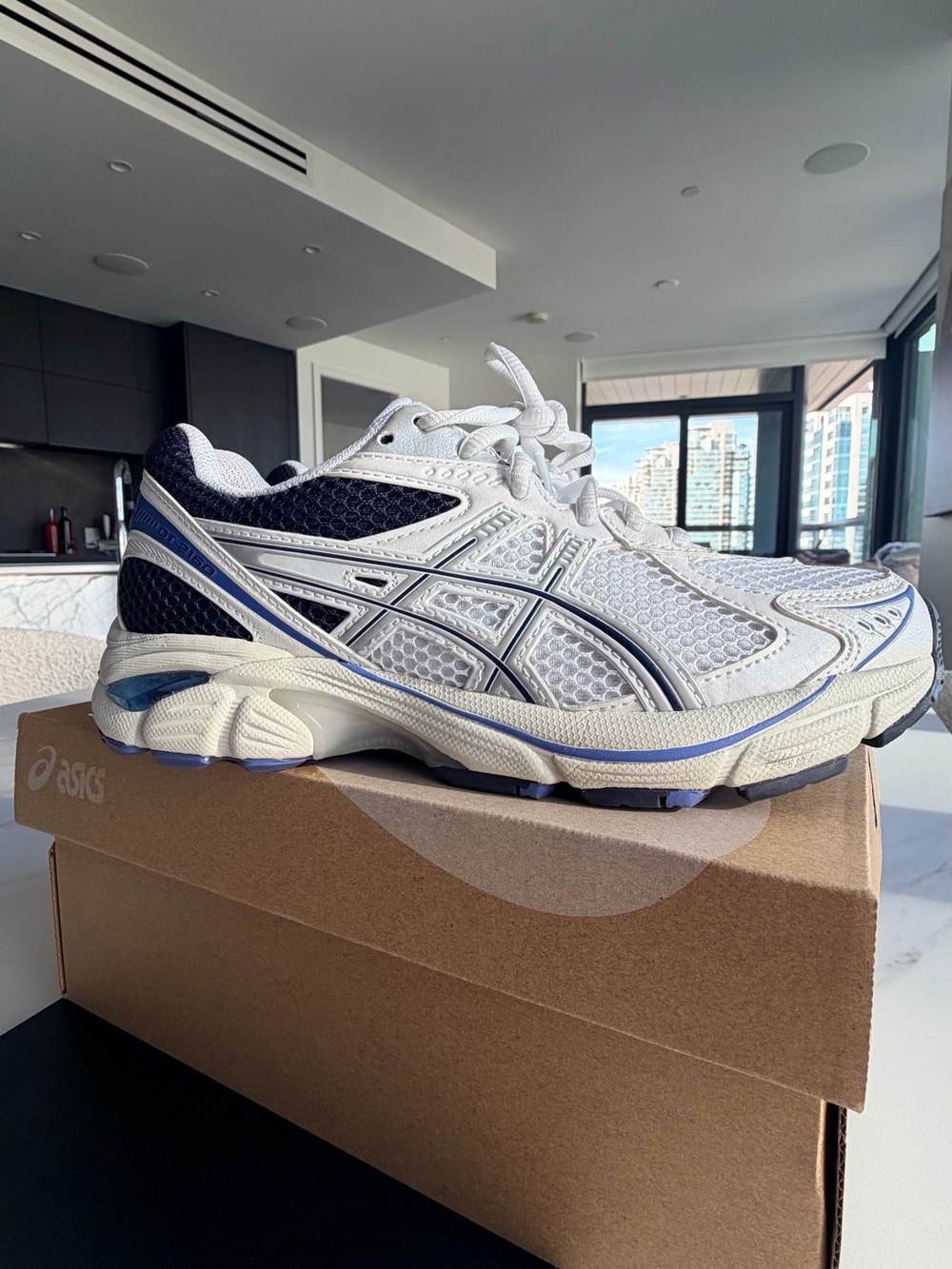 ASICS White and Navy Mesh Running Sneakers